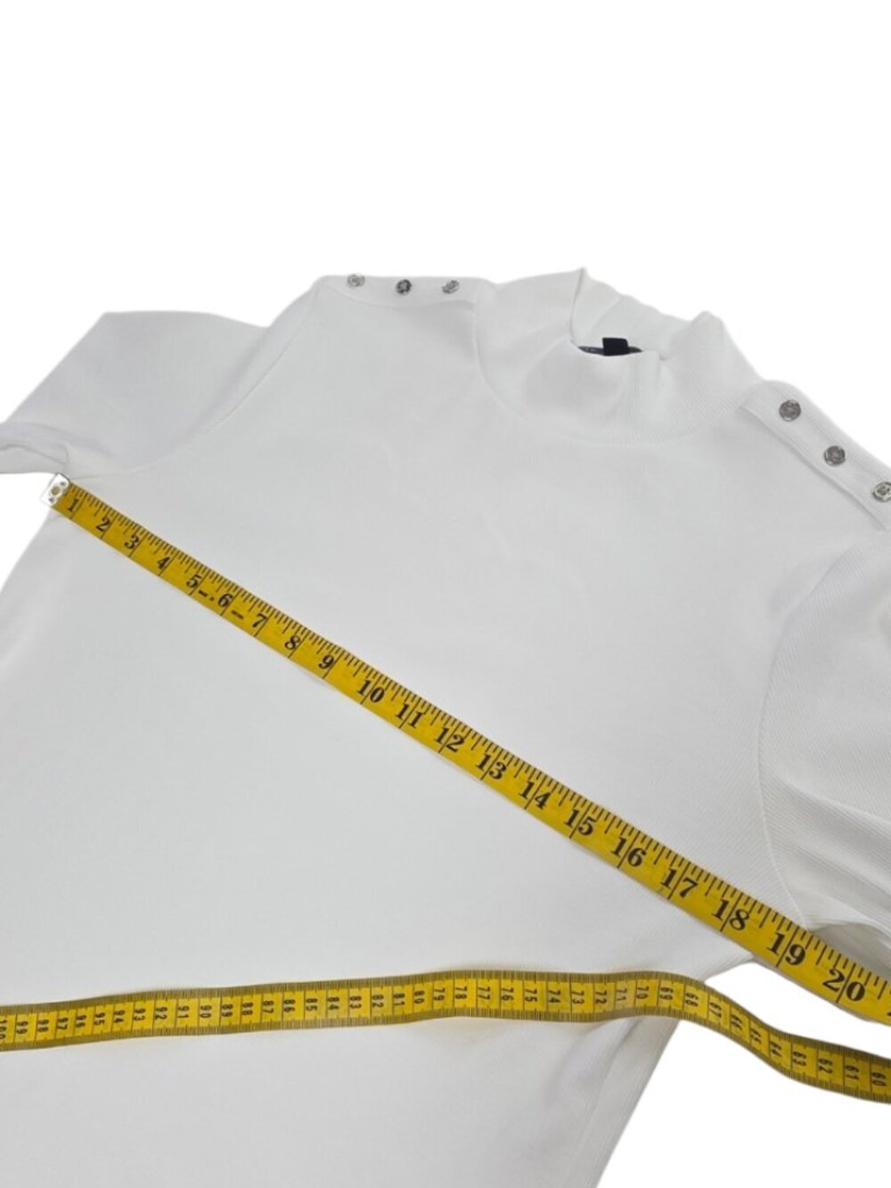 Veronica Beard Ribbed Long Sleeve Mock Neck Top, White, Button Detail, Size XL - Picture 6 of 10